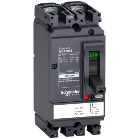 Picture of Circuit breaker, ComPact NSX100S AC/DC, 70kA/415VAC, TMD trip unit 80A, 2 poles 2d