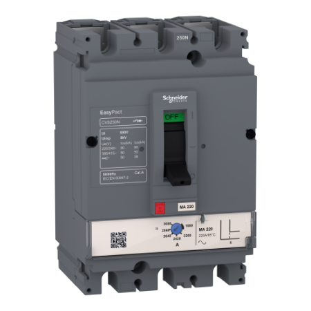 Picture of circuit breaker, EasyPact CVS250F, 36kA at 415VAC, 200A, TM-D trip unit, 3P 3d, sale in AU only