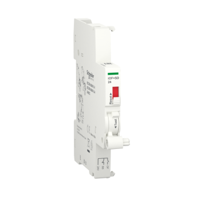 Picture of Auxiliary contact, Acti9 A9A, iOF+SD, 1 NO + 1 NC, 2mA to 100mA, 24VDC, Ti24 connector on bottom (sold separately)