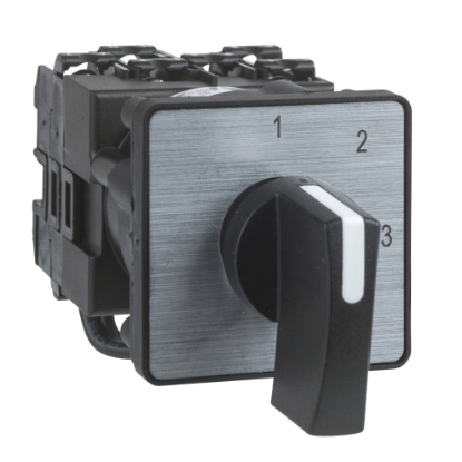 Picture of Cam changeover switch, Harmony K, multifixing, plastic, 2 poles, position 0, 45°, 20A, 45x45mm, metallic legend, marked 2/0/1, 35mm black handle