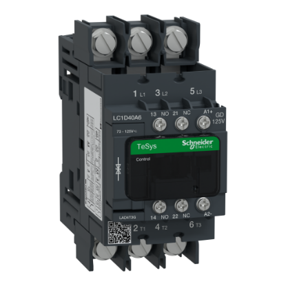 Picture of Contactor, TeSys Deca, 3P(3 NO), AC-3/AC-3e, <=400V, 40A, 125V DC standard coil, lugs-ring terminals