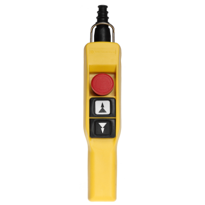 Picture of Harmony XAC, Pendant control station, plastic, yellow, pistol grip, 2 booted push buttons, 1 emergency stop