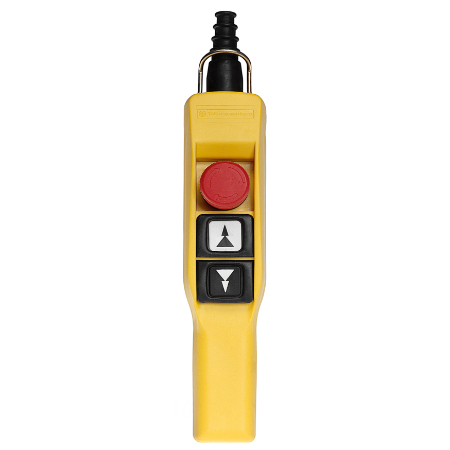 Picture of Harmony XAC, Pendant control station, plastic, yellow, pistol grip, 2 booted push buttons, 1 emergency stop