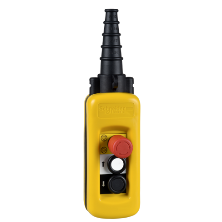 Picture of Pendant control station, Harmony XAC, plastic, yellow, 2 push buttons with 1NO, 1 emergency stop NC