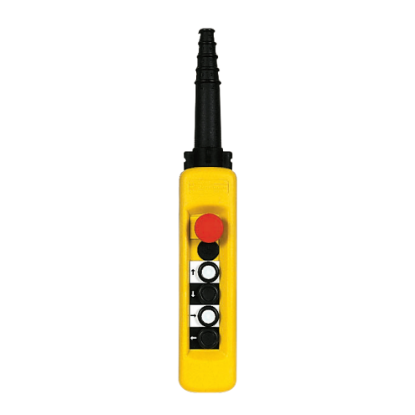 Picture of Pendant control station, Harmony XAC, plastic, yellow, 4 push buttons with 1NO, 1 emergency stop NC