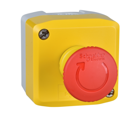 Picture of Control station, Harmony XALD, XALK, plastic, yellow, 1 red mushroom head push button 40mm, emergency stop turn to release, 1NO + 1 NC, unmarked