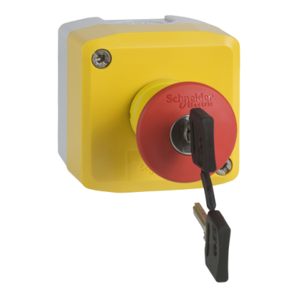 Picture of Complete control station, Harmony XALK, XALD, plastic, yellow lid, 1 red mushroom push button 40mm, key release, 2NC