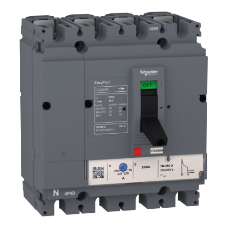 Picture of circuit breaker EasyPact CVS100B, 25kA at 415VAC, 25A TMD trip unit, 4P 3d