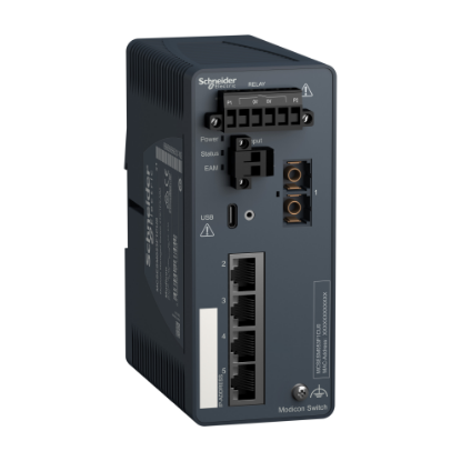 Picture of network switch, Modicon Networking, managed, 4 ports for copper with 1 port for fiber optic, multimode