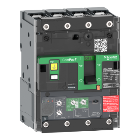 Picture of Circuit breaker, ComPacT NSXm 160B, 25kA/415VAC, 4 poles, MicroLogic 4.1 trip unit 160A, lugs/busbars