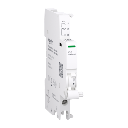 Picture of Auxiliary contact, Acti9 A9A, iOF, 1 C/O, 2mA to 100mA, 24VAC to 250VAC, 24VDC to 220VDC, bottom connection