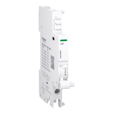 Picture of Auxiliary contact, Acti9 A9A, iOF, 1 C/O, 100mA to 6A, 24VAC to 415VAC, 24-130 VDC, bottom connection