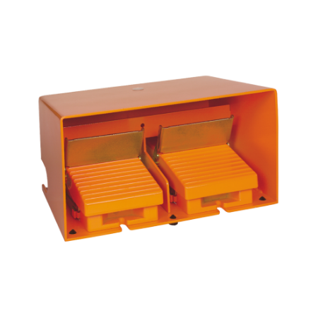 Picture of Double foot switch, Harmony XPE, metal, orange, with cover, trigger mechanism, 1 step, 2 contacts 1NO+NC, IP66