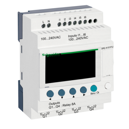 Picture of compact smart relay, Zelio Logic SR2 SR3, 10 IO, 100 to 240V AC, no clock, display