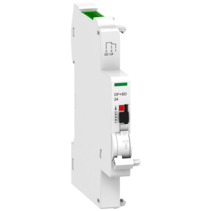 Picture of Acti9, Auxiliary contact, Acti9 A9N, OF+SD, 1 NO + 1 NC, 2mA to 100mA, 24VDC, Ti24 connector on top (sold separately)