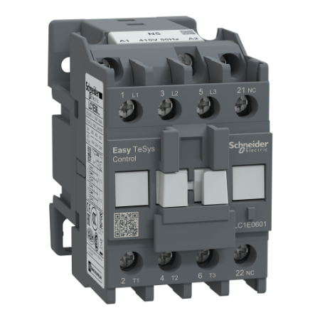 Picture of Contactor,Easy TeSys Control,LC1E,3P(3NO),AC-3,<=440V,6A,415V AC coil,50Hz,1NC auxiliary contact