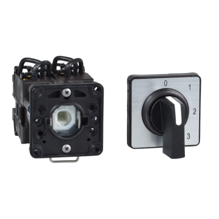 Picture of Cam switch, Harmony K, Ø 22mm, plastic, 1 pole, 2 positions, 45°, 20A, 45x45mm,metallic legend, marked 0/1, 35mm black handle