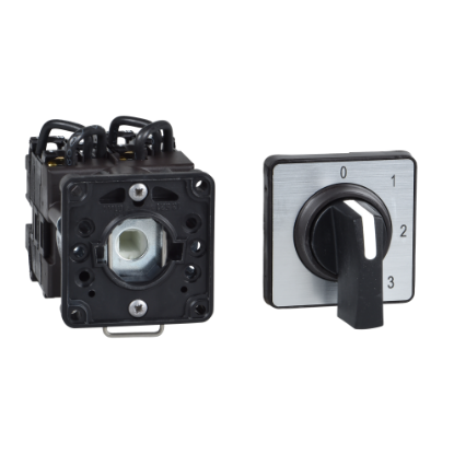 Picture of Cam changeover switch, Harmony K, Ø 22mm, plastic, 1 pole, position 0, 45°, 20A, 45x45mm, metallic legend, marked 2/0/1, 35mm black handle