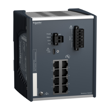 Picture of network switch, Modicon Networking, PoE power over Ethernet, managed, 8Gigabit ports for copper