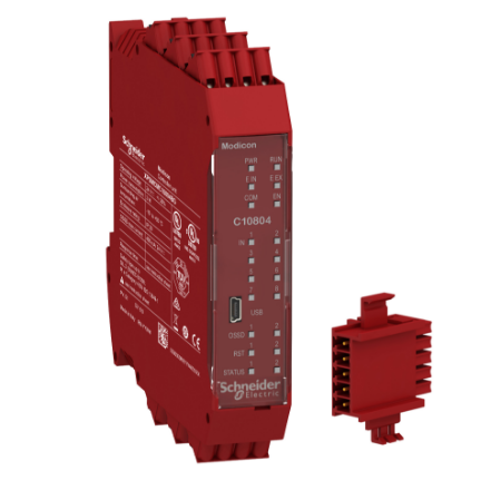 Picture of safety controller, Modicon MCM, 8 inputs 4 outputs, combined with backplane expansion connector, spring