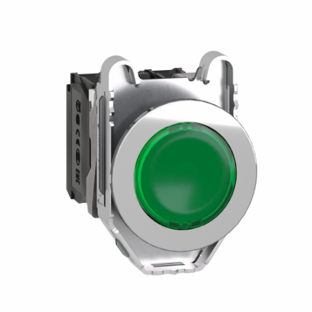 Picture of Illuminated push button, Harmony XB4, metal, green flush mounted, 30mm, universal LED, plain lens, 1NO + 1NC, 24V AC DC