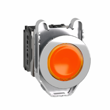 Picture of Illuminated push button, Harmony XB4, metal, orange flush mounted, 30mm, universal LED, plain lens, 1NO + 1NC, 24V AC DC