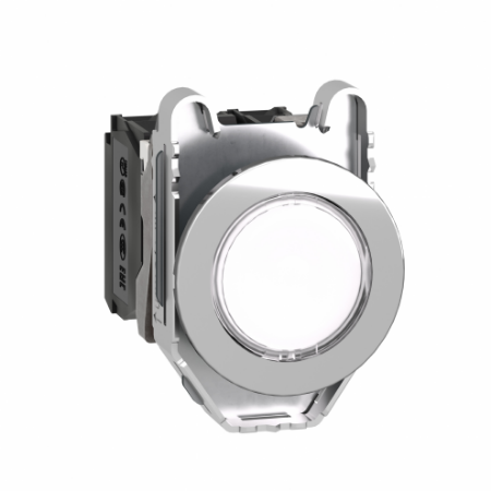 Picture of Illuminated push button, Harmony XB4, metal, white flush mounted, 30mm, universal LED, plain lens, 1NO + 1NC, 24V AC DC