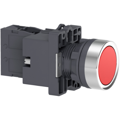 Picture of Complete illuminated push button, Easy Harmony XA2, plastic, flush, red, 22mm, spring return, 24V AC DC, 1NC