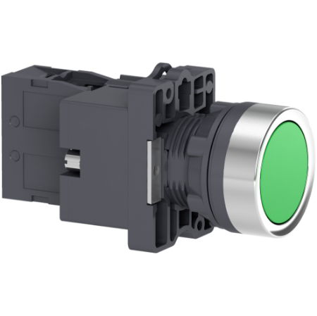 Picture of Complete illuminated push button, Easy Harmony XA2, plastic, flush, green, 22mm, spring return, 24V AC DC, 1NO