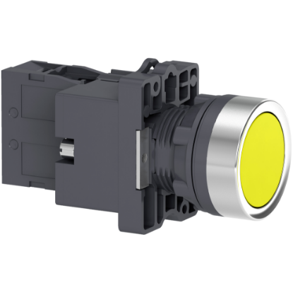 Picture of Complete illuminated push button, Easy Harmony XA2, plastic, flush, amber, 22mm, spring return, 24V AC DC, 1NO