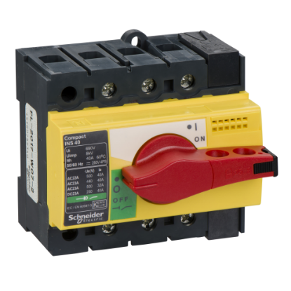 Picture of switch disconnector, Compact INS40, 40A, with red rotary handle and yellow front, 3 poles