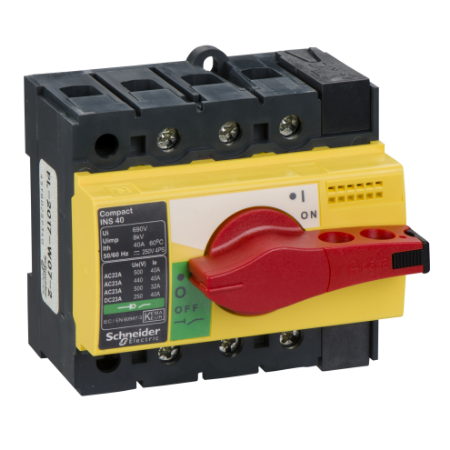 Picture of switch disconnector, Compact INS40, 40A, with red rotary handle and yellow front, 3 poles