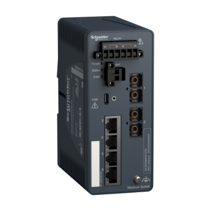 Picture of network switch, Modicon Networking, managed, 4 ports for copper with 2 port for fiber optic, singlemode