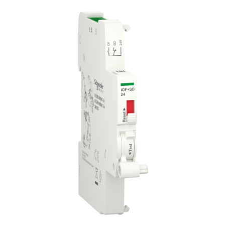 Picture of Acti9, Auxiliary contact, Acti9 A9A, iOF+SD, 1 NO + 1 NC, 2mA to 100mA, 24VDC, Ti24 connector on top (sold separately)