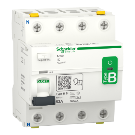 Picture of Residual current circuit breaker (RCCB), Acti9 iID, 4P, 63A, B-SI type, 300mA, double terminal