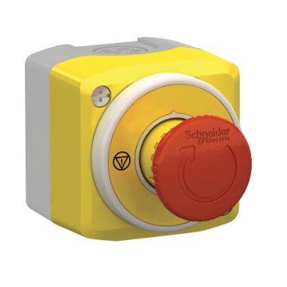 Picture of Control station, Harmony XALD, plastic, yellow lid, 1 emergency stop 40mm, turn to release, illuminated ring white red fixed, 1NO 1NC, 24V AC DC