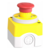 Picture of Control station, Harmony XALD, plastic, yellow lid, 1 emergency stop 40mm, turn to release, illuminated ring white red fixed, 1NO 1NC, 24V AC DC