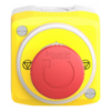 Picture of Control station, Harmony XALD, plastic, yellow lid, 1 emergency stop 40mm, turn to release, illuminated ring white red fixed, 1NO 1NC, 24V AC DC