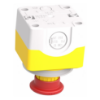 Picture of Control station, Harmony XALD, plastic, yellow lid, 1 emergency stop 40mm, turn to release, illuminated ring white red fixed, 1NO 1NC, 24V AC DC