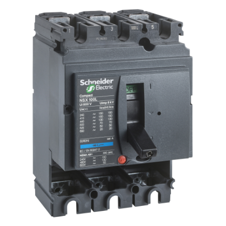 Picture of Circuit breaker basic frame, ComPact NSX100H, 70kA at 415VAC 50/60 Hz, 100A, without trip unit, 3 poles