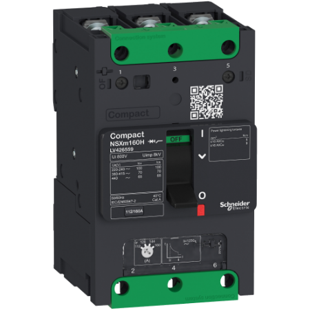 Picture of circuit breaker ComPact NSXm E (16 kA at 415 VAC), 3P 3d, 80 A rating TMD trip unit, compression lugs and busbar connectors