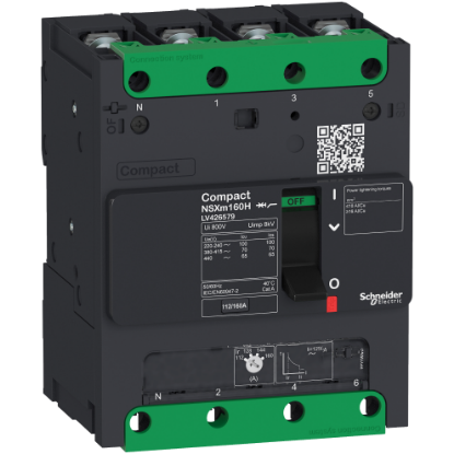 Picture of circuit breaker ComPact NSXm E (16 kA at 415 VAC), 4P 3d, 125 A rating TMD trip unit, compression lugs and busbar connectors