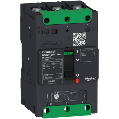 Picture of circuit breaker ComPact NSXm F (36 kA at 415 VAC), 3P 3d, 16 A rating TMD trip unit, compression lugs and busbar connectors