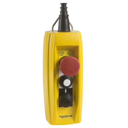 Picture of Pendant control station, Harmony XAC, plastic, yellow, 2 push buttons, 1 emergency stop