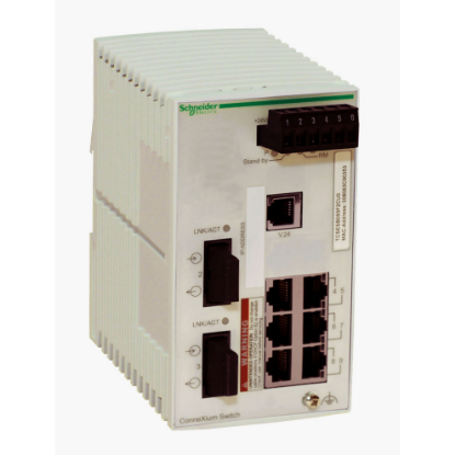 Picture of network switch, Modicon Networking, basic managed, 6 ports for copper, 2 ports for fiber optic, multimode