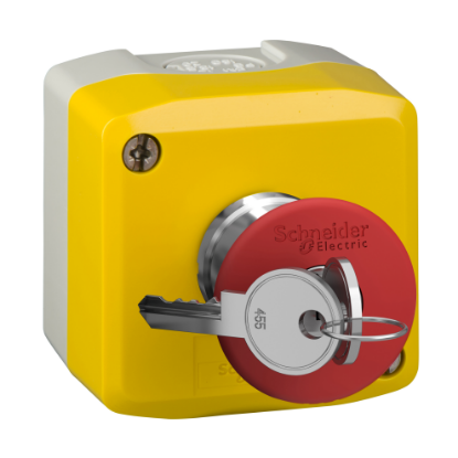 Picture of Harmony XALD XALK, Control station, plastic, yellow lid, 1 red mushroom push button 40mm, key release, 1NC