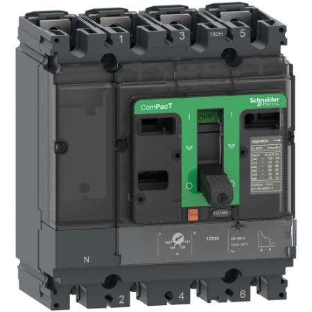 Picture of Circuit breaker, ComPacT NSX100H, 70kA/415VAC, 4 poles 3D (neutral not protected), TMD trip unit 63A