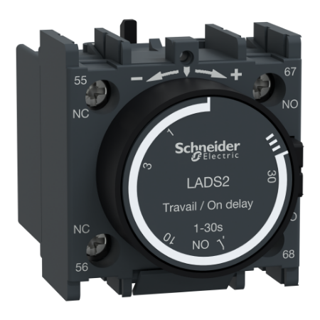 Picture of TeSys; TeSys Deca, Time delay contact block,TeSys Deca, 1NO+1NC,on-delay 1-30s,front,with 40±15ms switching time between NC opening and NO closing