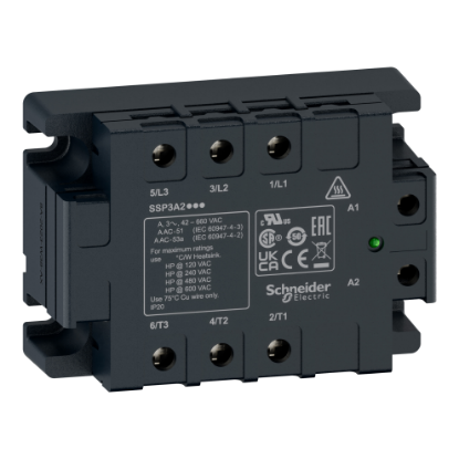 Picture of three phase relay, Harmony Solid State Relays, 50A, panel mount, random switching, thermal pad, input 90…280V AC, output 42…660V AC
