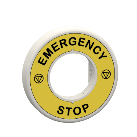 Picture of Illuminated marked legend ring, Harmony XB5, 60mm, plastic, yellow, red fixed integral LED, marked EMERGENCY STOP, 24V AC DC